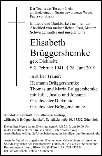 Traueranzeige von Elisabeth Brüggershemke von Neue Westfälische