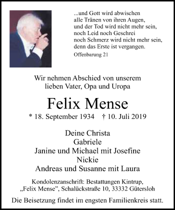 Traueranzeige von Felix Mense von Neue Westfälische