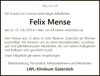 Traueranzeige von Felix Mense von Neue Westfälische