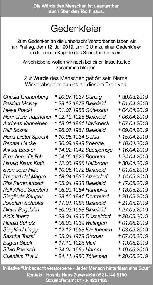  Traueranzeige für Gedenkfeier  vom 05.07.2019 aus Neue Westfälische