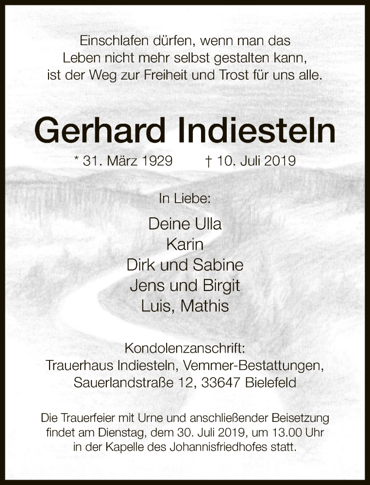  Traueranzeige für Gerhard Indiesteln vom 24.07.2019 aus Neue Westfälische