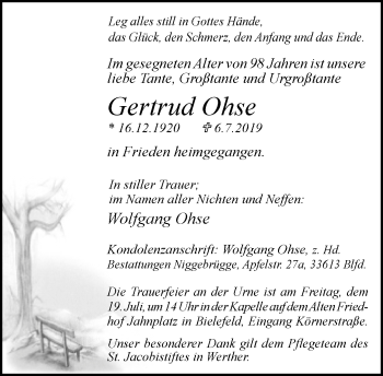 Traueranzeige von Gertrud Ohse von Neue Westfälische