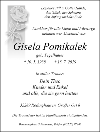 Traueranzeige von Gisela Pomikalek von Neue Westfälische
