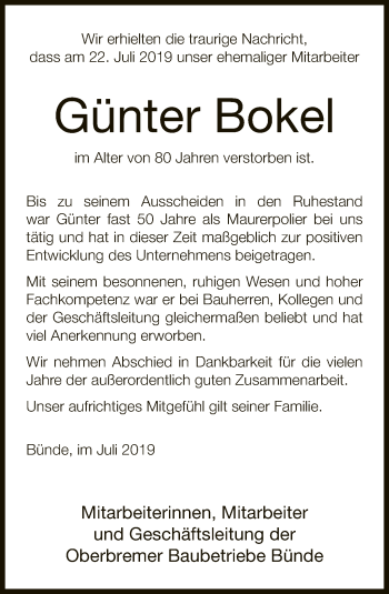 Traueranzeige von Günter Bokel von Neue Westfälische