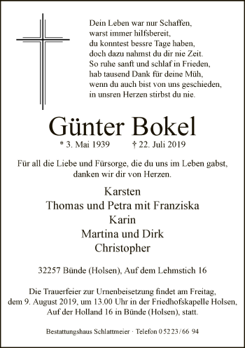Traueranzeige von Günter Bokel von Neue Westfälische