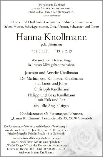 Traueranzeige von Hanna Knollmann von Neue Westfälische