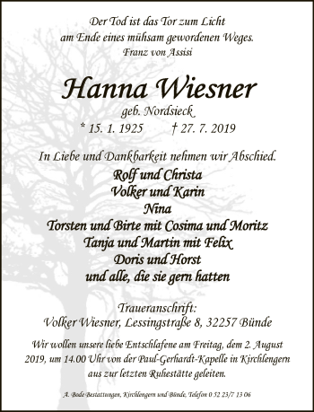 Traueranzeige von Hanna Wiesner von Neue Westfälische