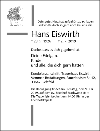 Traueranzeige von Hans Eiswirth von Neue Westfälische