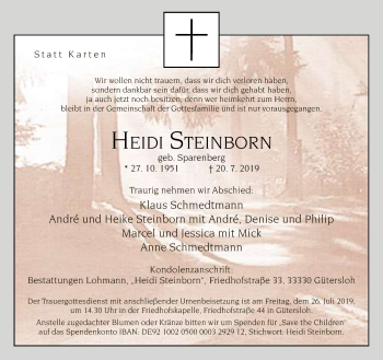 Traueranzeige von Heidi Steinborn von Neue Westfälische