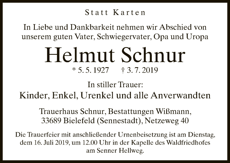  Traueranzeige für Helmut Schnur vom 06.07.2019 aus Neue Westfälische