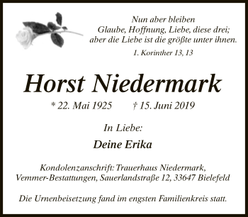 Traueranzeige von Horst Niedermark von Neue Westfälische