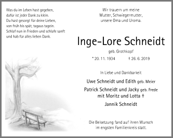Traueranzeige von Inge-Lore Schneidt von Neue Westfälische