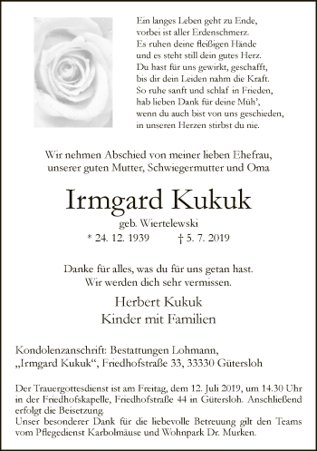 Traueranzeige von Irmgard Kukuk von Neue Westfälische