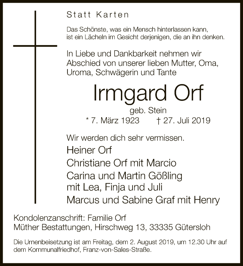  Traueranzeige für Irmgard Orf vom 31.07.2019 aus Neue Westfälische