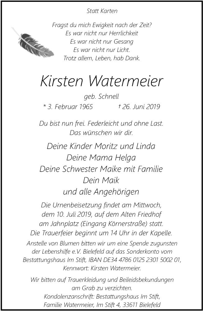  Traueranzeige für Kirsten Watermeier vom 06.07.2019 aus Neue Westfälische