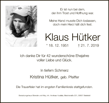 Traueranzeige von Klaus Hütker von Neue Westfälische