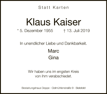 Traueranzeige von Klaus Kaiser von Neue Westfälische