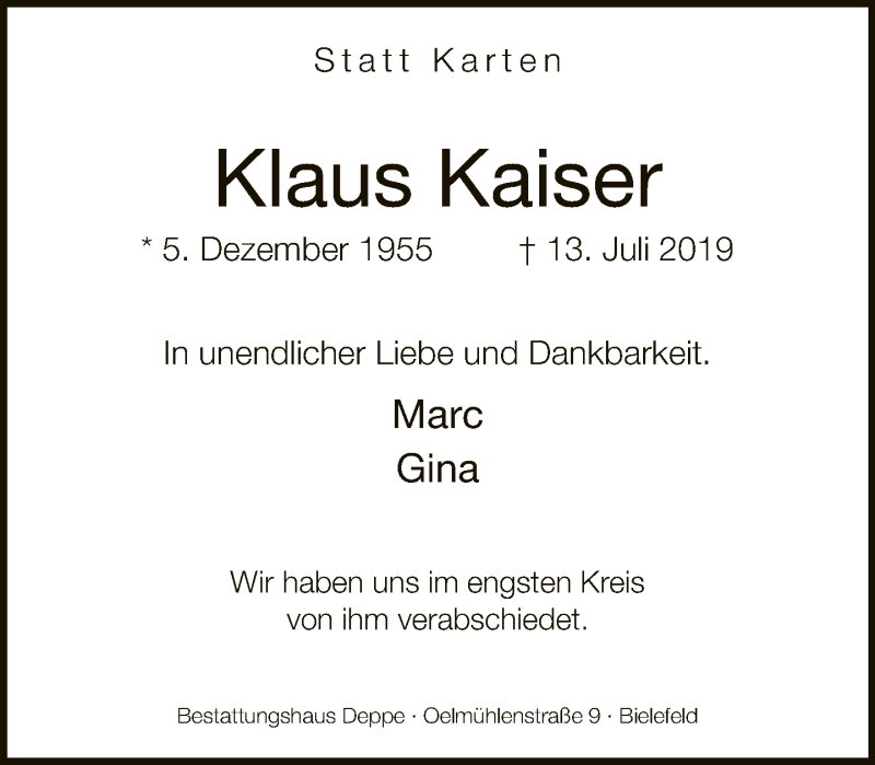  Traueranzeige für Klaus Kaiser vom 20.07.2019 aus Neue Westfälische