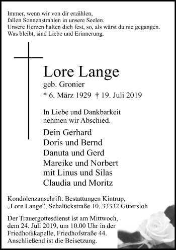 Traueranzeige von Lore Lange von Neue Westfälische