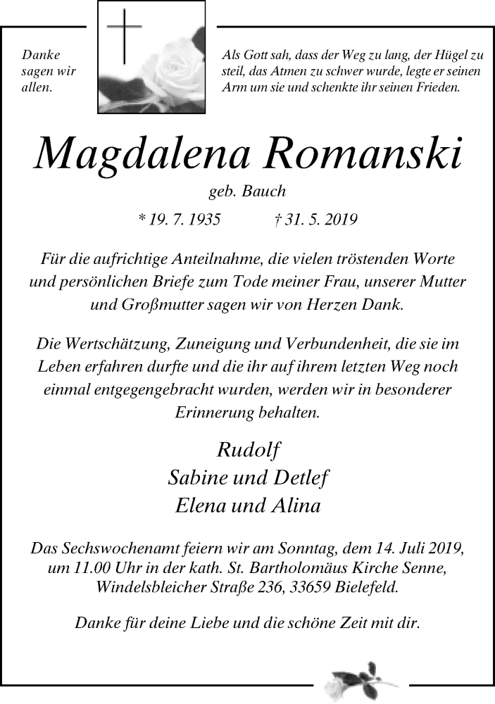  Traueranzeige für Magdalena Romanski vom 06.07.2019 aus Neue Westfälische