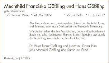Traueranzeige von Mechthild Franziska und Hans Gößling von Neue Westfälische