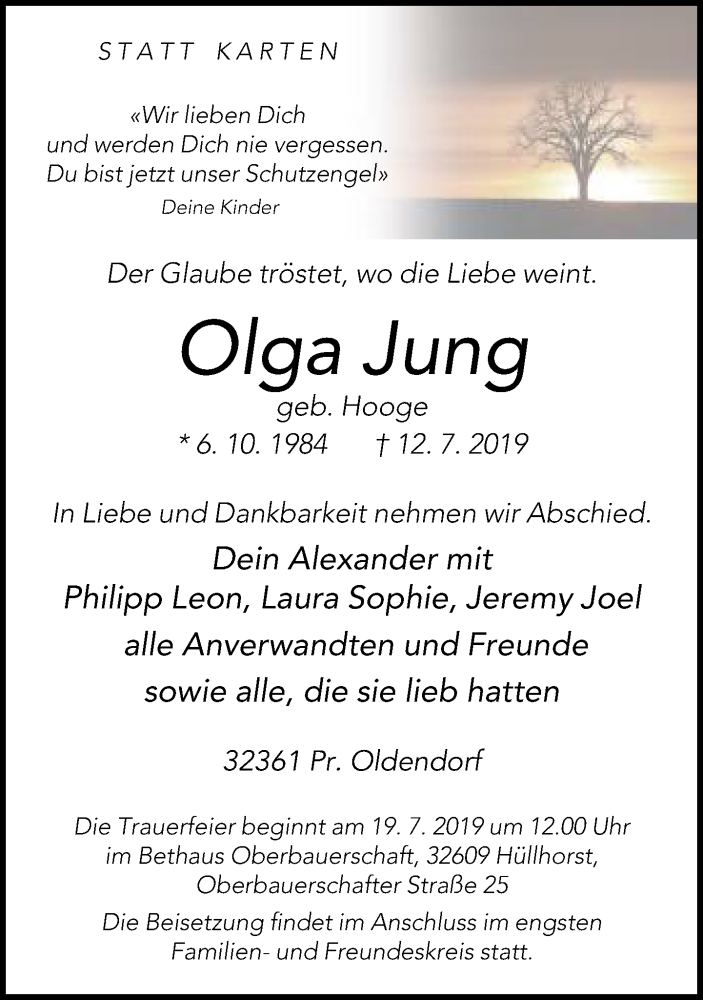  Traueranzeige für Olga Jung vom 18.07.2019 aus Neue Westfälische