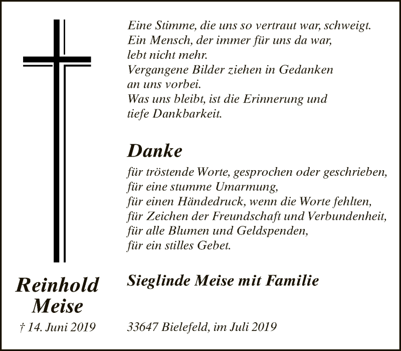  Traueranzeige für Reinhold Meise vom 13.07.2019 aus Neue Westfälische