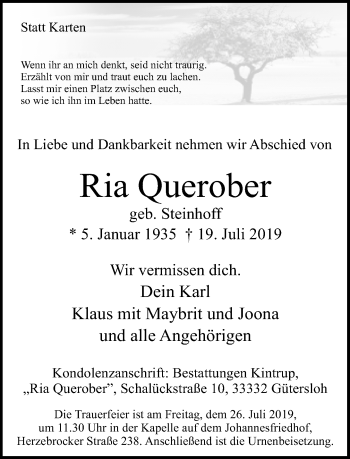Traueranzeige von Ria Querober von Neue Westfälische