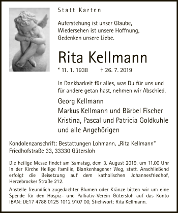 Traueranzeige von Rita Kellmann von Neue Westfälische
