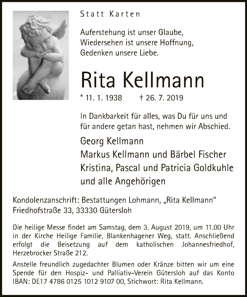  Traueranzeige für Rita Kellmann vom 30.07.2019 aus Neue Westfälische