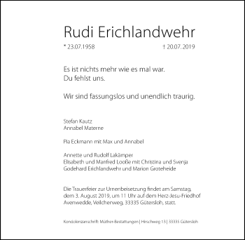Traueranzeige von Rudi Erichlandwehr von Neue Westfälische