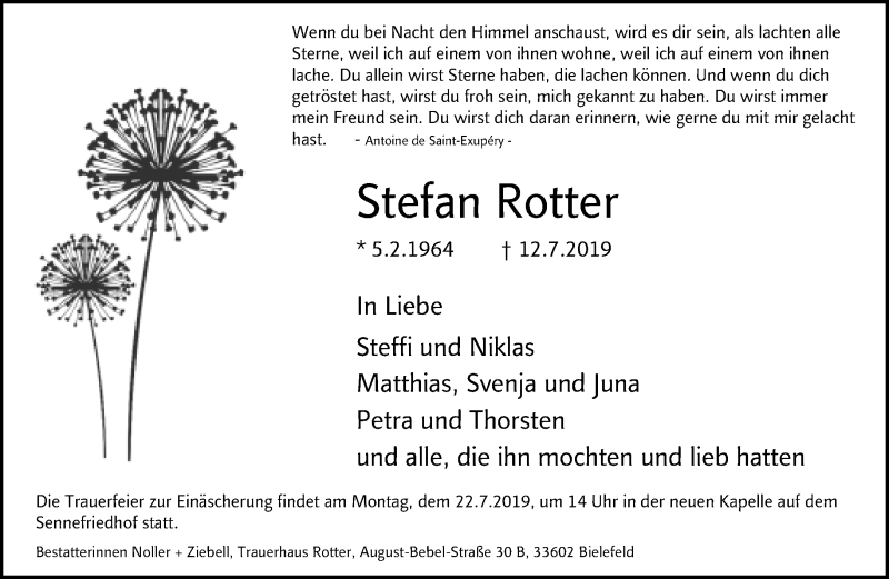  Traueranzeige für Stefan Rotter vom 20.07.2019 aus Neue Westfälische