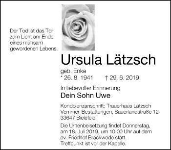 Traueranzeige von Ursula Lätzsch von Neue Westfälische