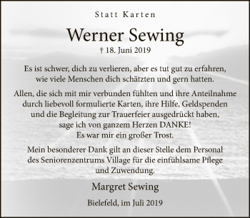 Traueranzeige von Werner Sewing von Neue Westfälische