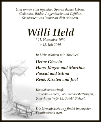Traueranzeige von Willi Held von Neue Westfälische