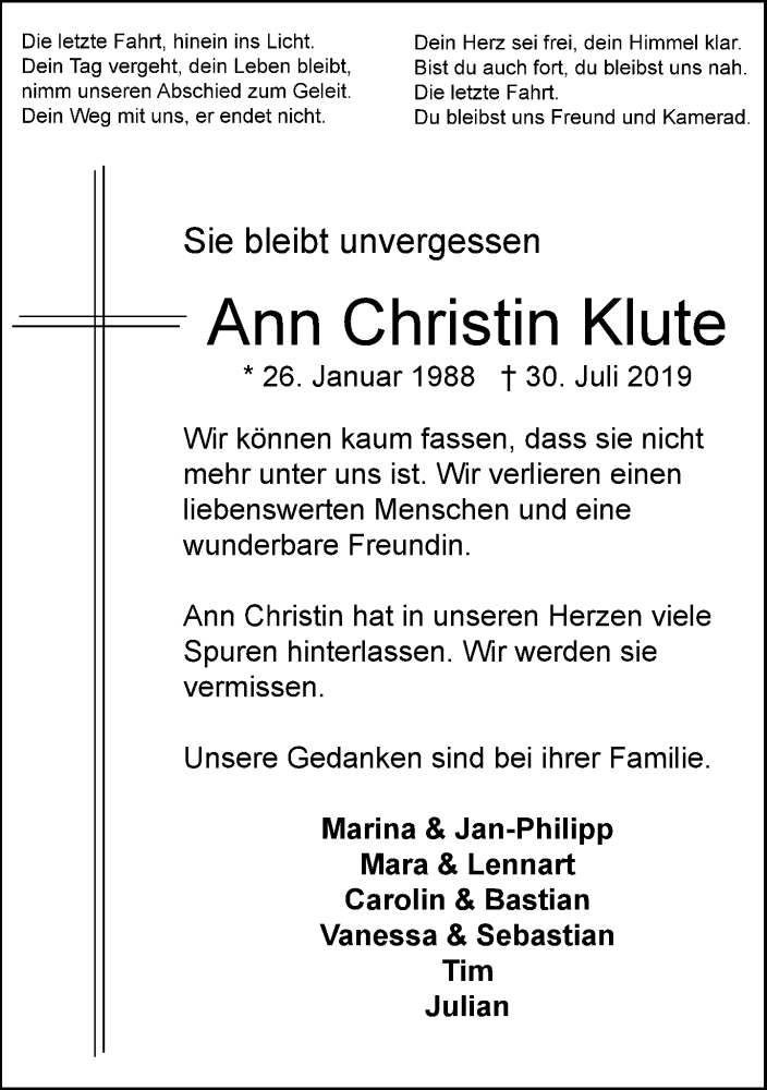  Traueranzeige für Ann Christin Klute vom 10.08.2019 aus Neue Westfälische