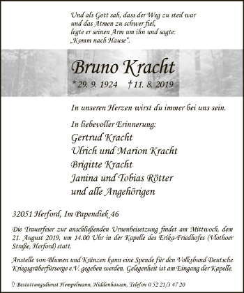 Traueranzeige von Bruno Kracht von Neue Westfälische