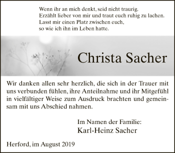 Traueranzeige von Christa Sacher von Neue Westfälische