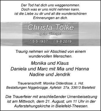 Traueranzeige von Christa Tölke von Neue Westfälische