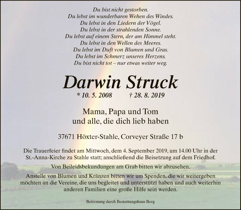  Traueranzeige für Darwin Struck vom 31.08.2019 aus Neue Westfälische