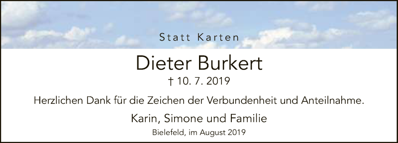  Traueranzeige für Dieter Burkert vom 03.08.2019 aus Neue Westfälische