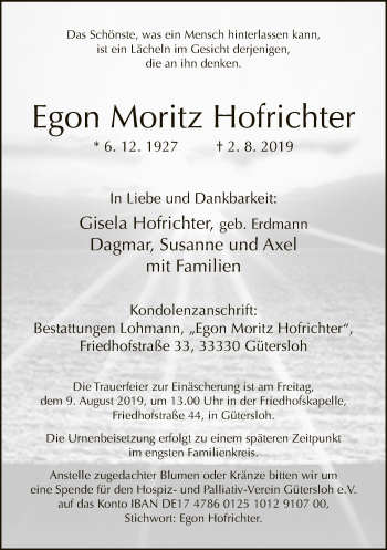 Traueranzeige von Egon Moritz Hofrichter von Neue Westfälische