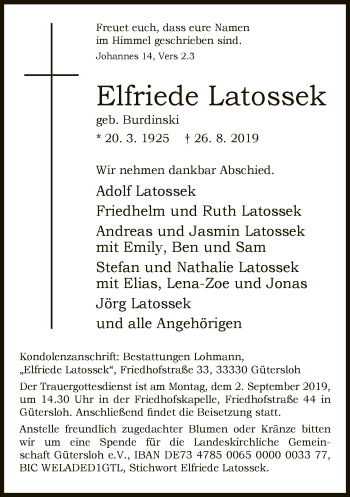 Traueranzeige von Elfriede Latossek von Neue Westfälische