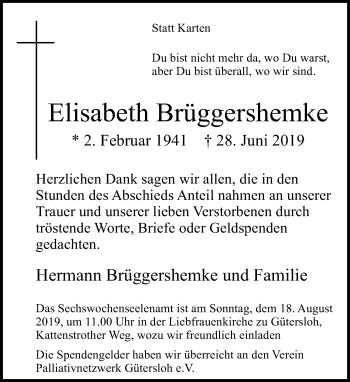Traueranzeige von Elisabeth Brüggershemke von Neue Westfälische