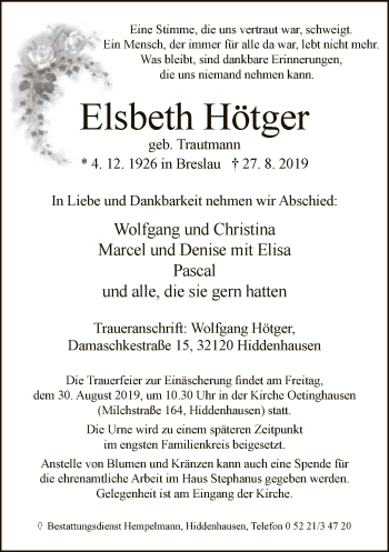 Traueranzeige von Elsbeth Hötger von Neue Westfälische