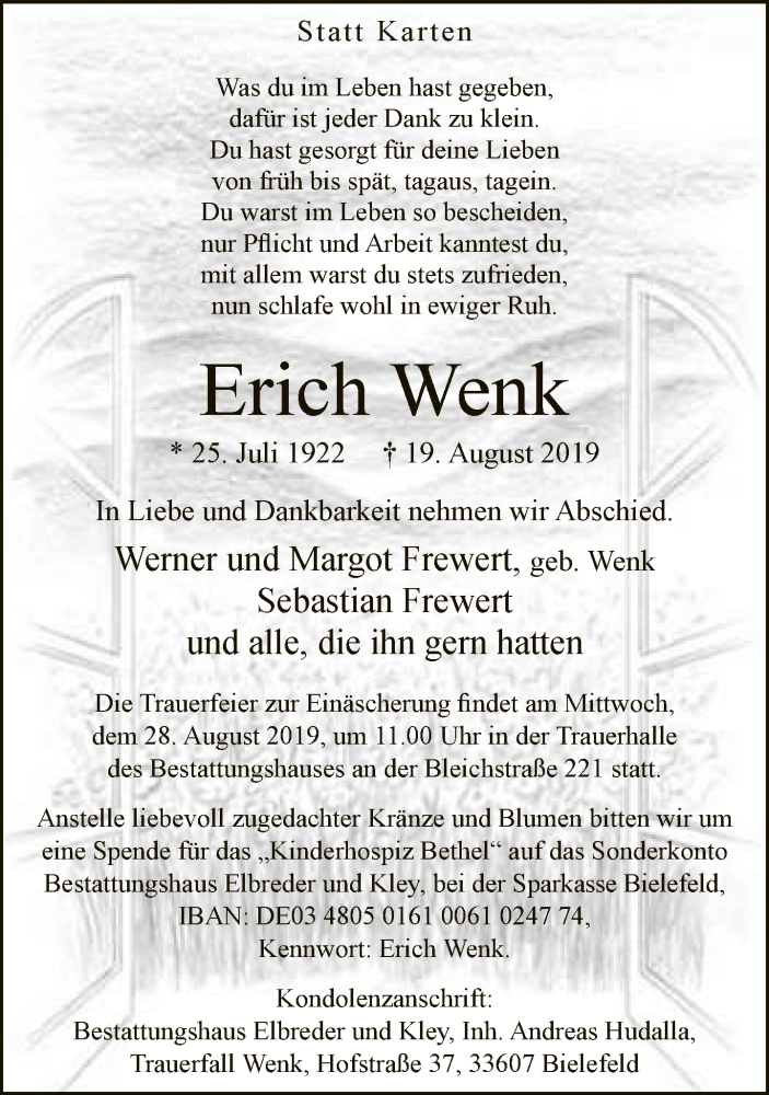  Traueranzeige für Erich Wernk vom 24.08.2019 aus Neue Westfälische
