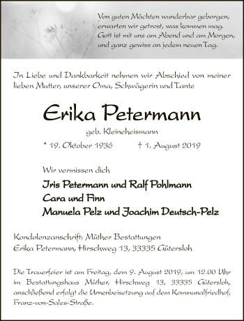 Traueranzeige von Erika Petermann von Neue Westfälische