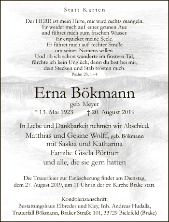 Traueranzeige von Erna Bökmann von Neue Westfälische