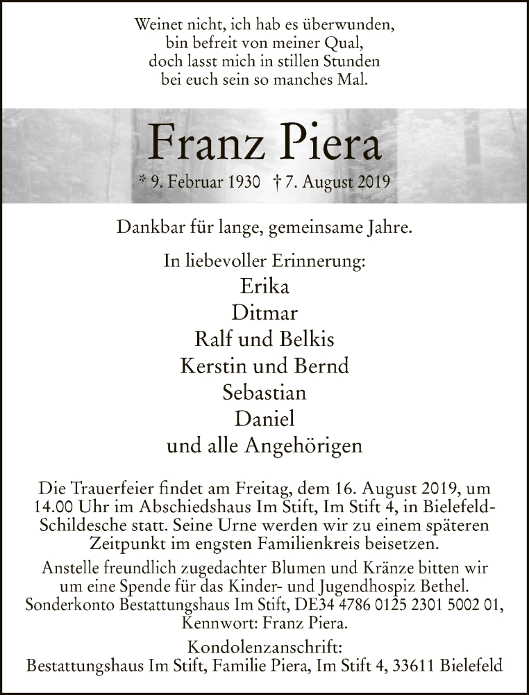  Traueranzeige für Franz Piera vom 10.08.2019 aus Neue Westfälische