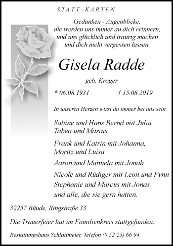 Traueranzeige von Gisela Radde von Neue Westfälische